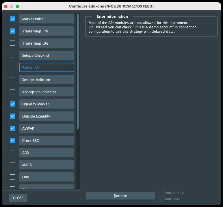 Bookmap Configure add-ons: Python API disabled with the notice 'Most of the API modules are not allowed for this instrument'