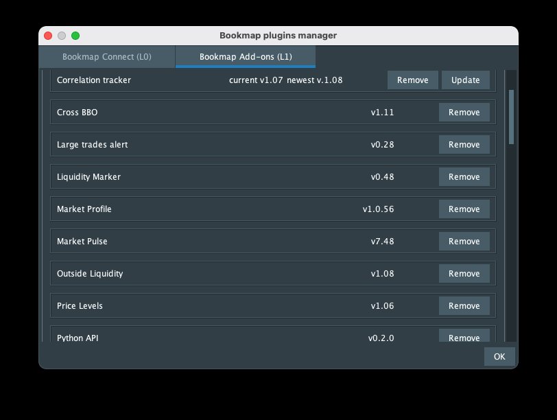 Bookmap plugins manager, Bookmap Add-ons (L1) tab, with Python API installed