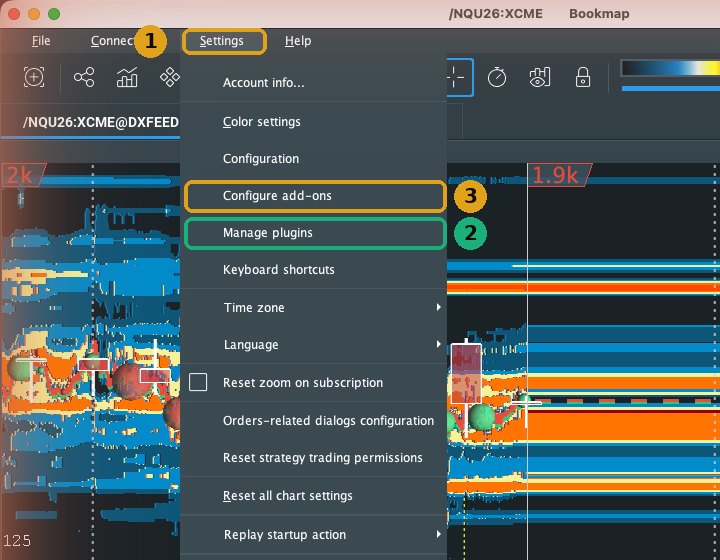 Bookmap 7.6 Settings menu with Configure add-ons and Manage plugins highlighted