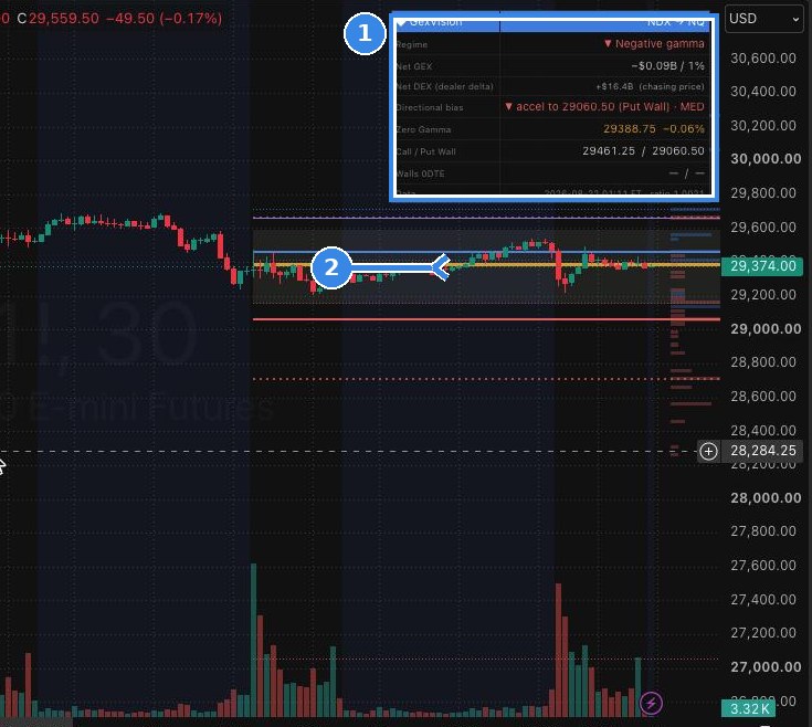 TradingView chart with the GexVision summary panel in the top-right corner