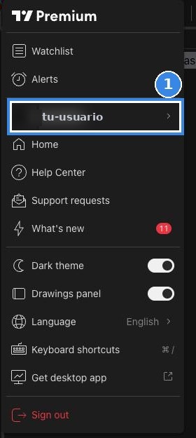 TradingView avatar menu with the username highlighted